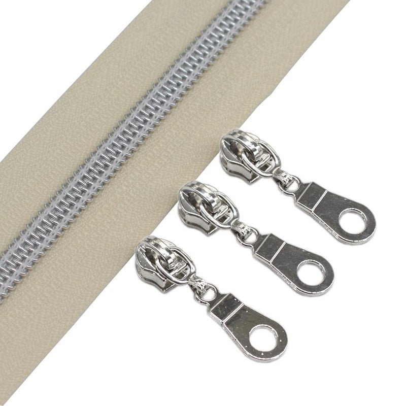 YaHoGa #5 Silver Metallic Nylon Coil Zippers by The Yard Bulk Beige Tape 10 Yards with 25pcs Pulls for DIY Sewing Tailor Craft Bag (Beige) - Image 1
